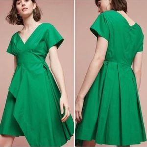 Anthropologie Maeve Size 12 Green Pleated Asymmetrical Short Sleeve Midi Dress